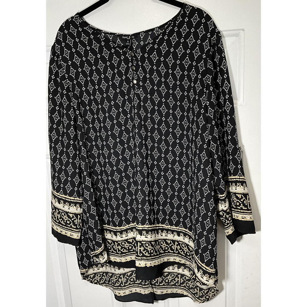 Sami & Jo Black Geometric Plus Size Long Sleeve Tunic Women's 1X (16-18)
